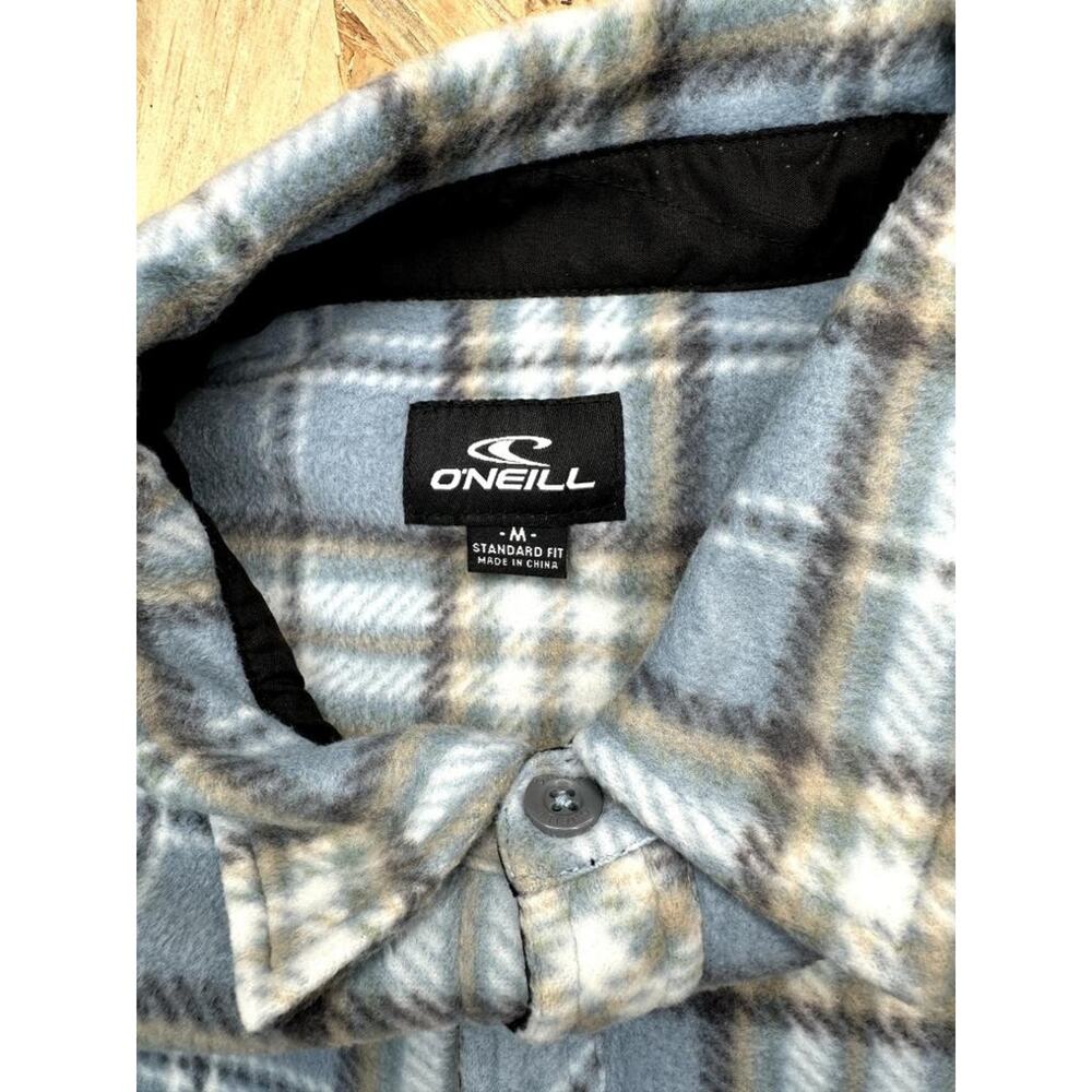 ONeill Fleece Flannel Shirt Mens Medium Blue Plaid Snap Button Long Sleeve - Picture 8 of 14